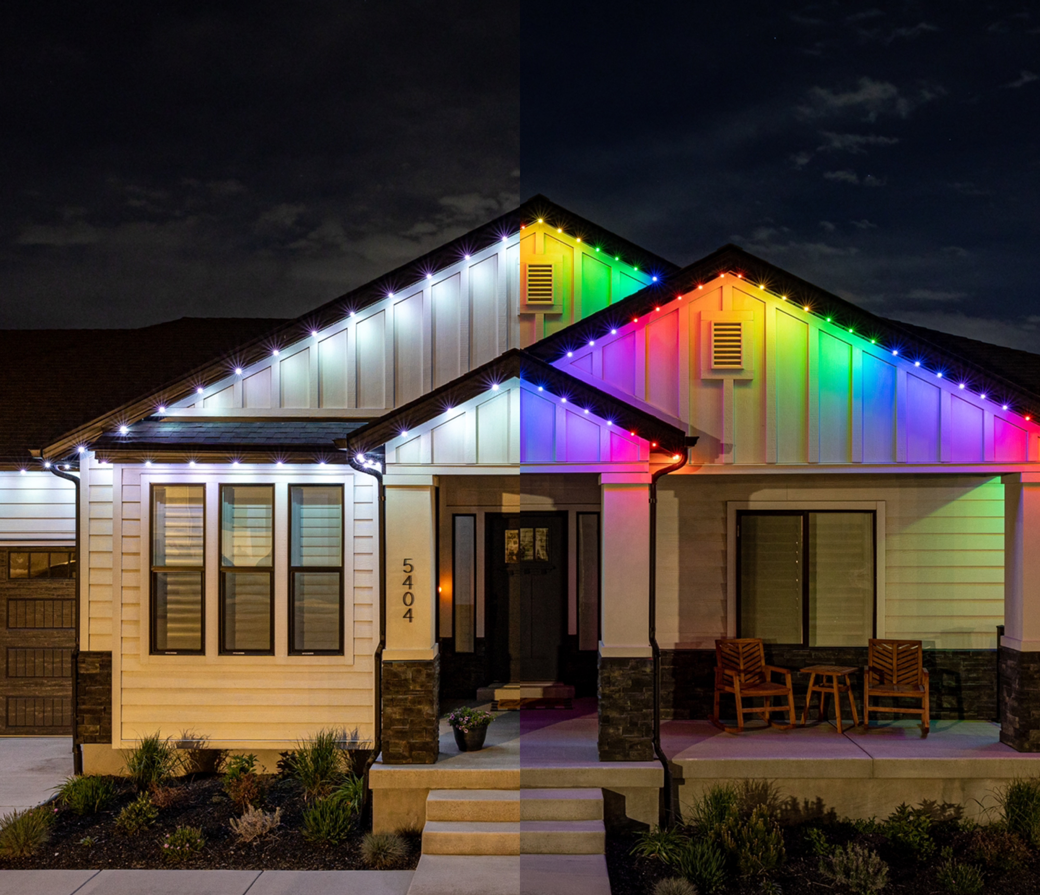 Permanent roofline lighting on a Central Oregon style home